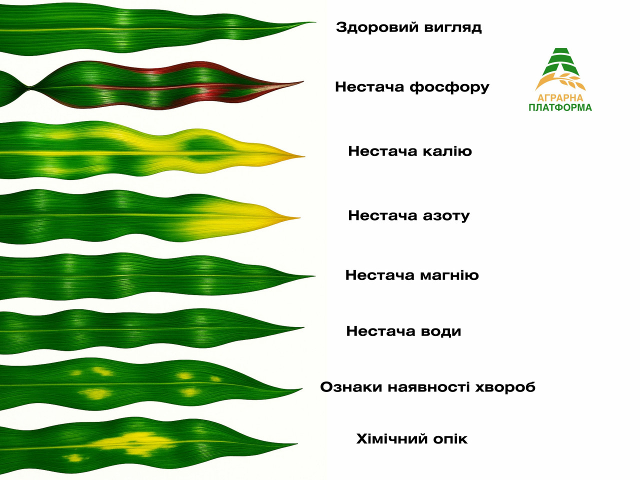 Примеры недостатка определенных элементов на посевах кукурузы